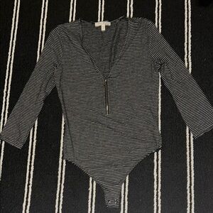 Express One Eleven Black Striped Zip Bodysuit 1/4 zipper 3/4 Sleeve V-neck